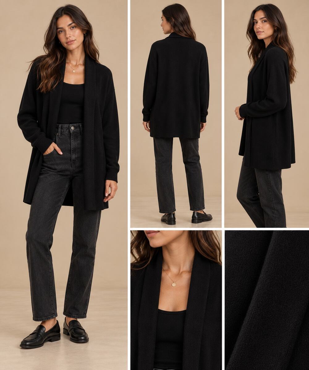 Quince Merino Yak Wool Cardigan Medium Black Open Front Mid Length Quiet Luxury